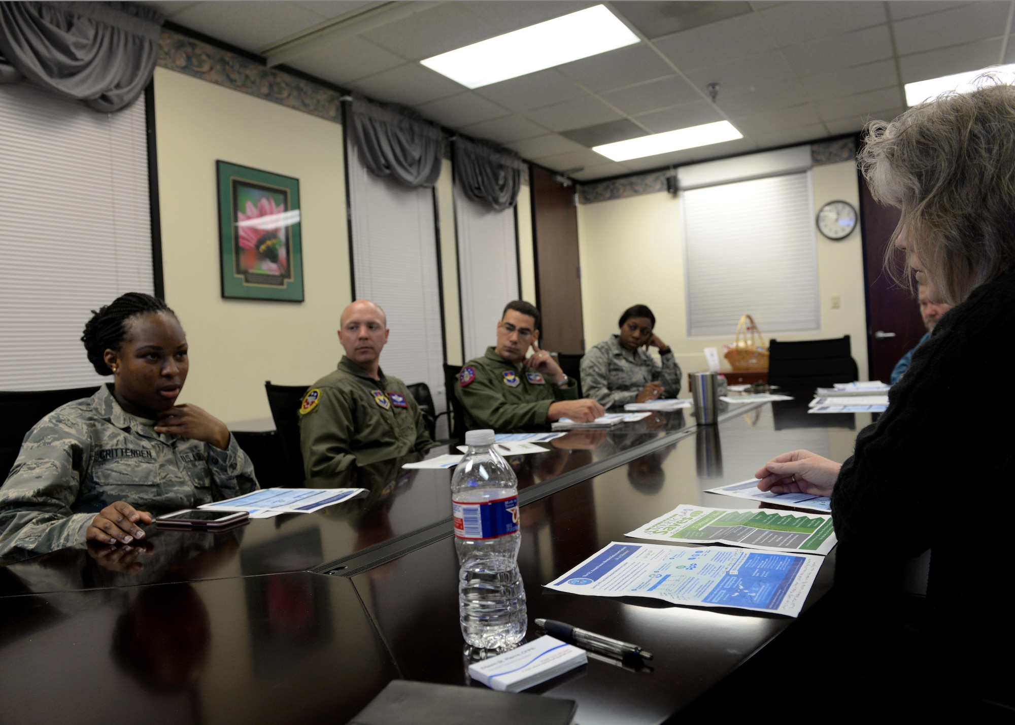 U.S. Air Force Airman 1st Class Valisia Crittenden, 97th Medical Operations Squadron dental assistant, asks a question during a financial class for Military Saves Week, March 1, 2017, at Altus Air Force Base, Oklahoma. The Military Saves Week classes help military members manage their money and gain more information on financial opportunities. (U.S. Air Force Photo by Airman 1st Class Jackson N. Haddon/Released).