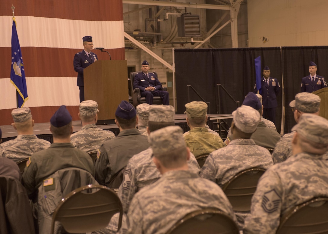 Col. Matthew Atkins, 361st Intelligence, Surveillance and Reconnaissance Group Commander, Hurlburt Field, Fla., speaks to attendees during an assumption of command ceremony hosted by the 137th Special Operations Wing, March 6, 2017, at Will Rogers Air National Guard Base, Oklahoma City. Lt. Col. Stephen McFadden took command of the 306th Intelligence Squadron, formerly located at Beale Air Force Base, Calif., upon its activation at WRANGB. (U.S. Air National Guard photo by Staff Sgt. Kasey Phipps)