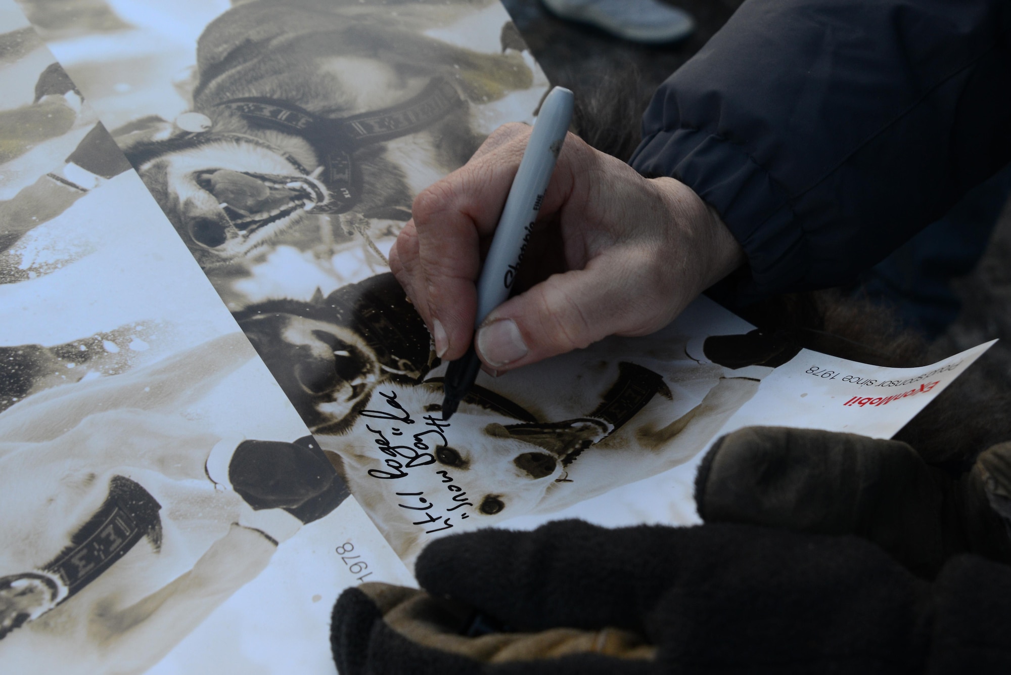 Air Force Lt. Col. Roger Lee autographs posters for the 45th annual Iditarod Trail Sled Dog Race in Anchorage, Alaska, March 4, 2017. More than 1,150 dogs pulled 72 mushers for the day’s 11-mile run to Campbell Airstrip. 