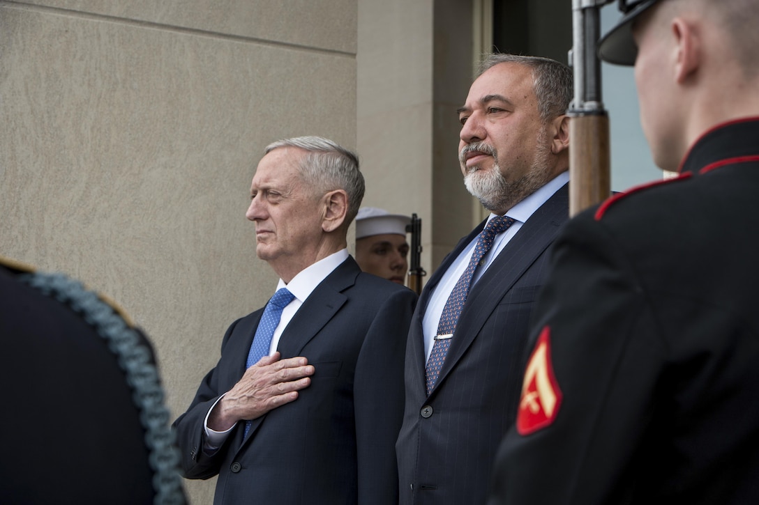 Defense Secretary Jim Mattis, left, meets with Israeli Defense Minister Avigdor Lieberman at the Pentagon, March 7, 2017. The two defense leaders met to discuss matters of mutual importance. DoD photo by Air Force Staff Sgt. Jette Carr