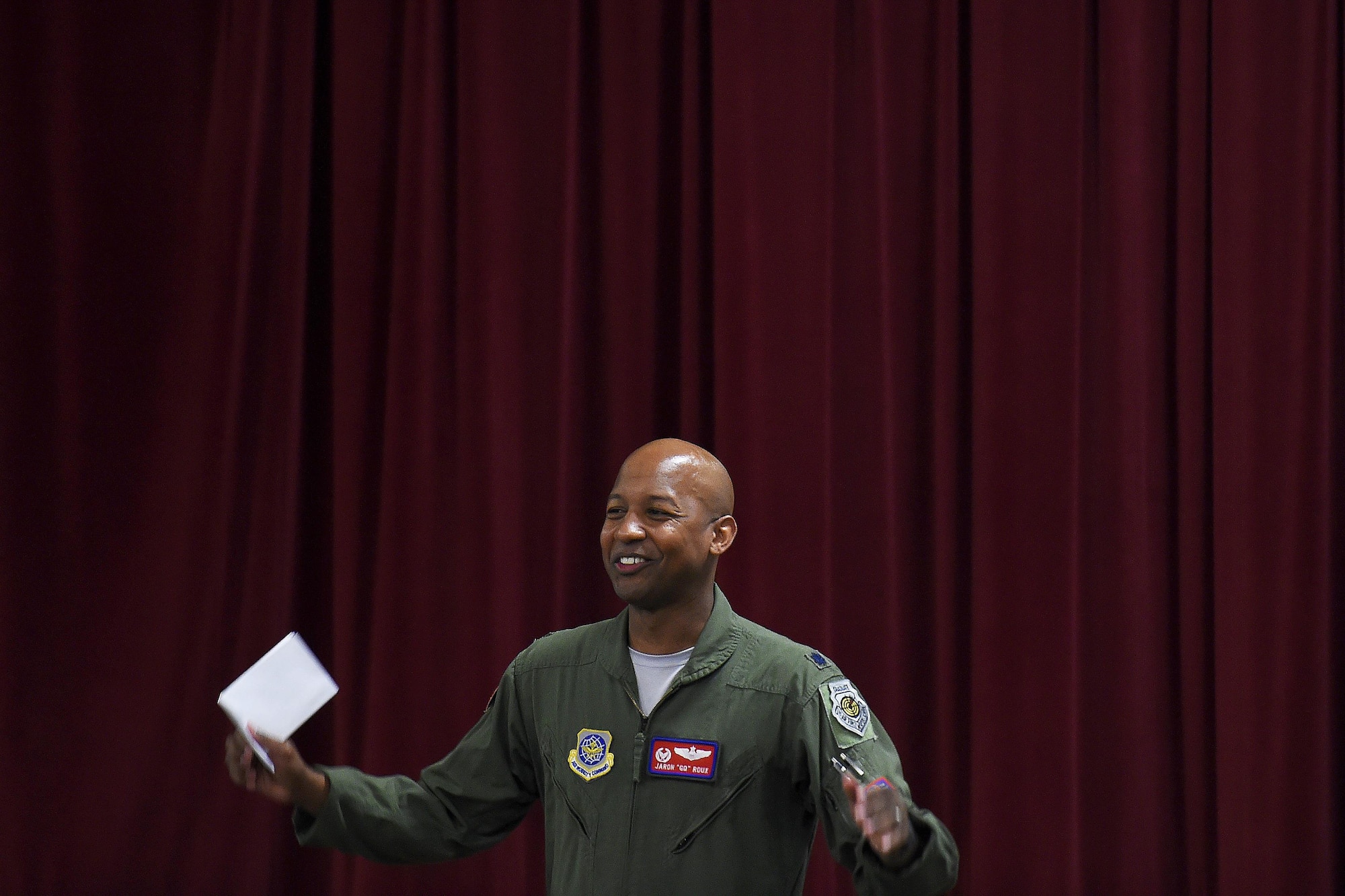 Lt. Col. Jaron Roux, 62nd Operations Support Squadron commander, speaks during the lunch and leadership series March 3, 2017 at the McChord chapel support center, Joint Base Lewis-McChord, Wash. According to Roux authentic leadership is the key to successful leadership. (U.S. Air Force photo / Tech. Sgt. Tim Chacon)