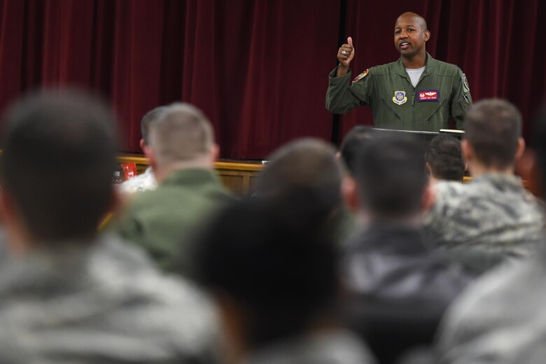 Lt. Col. Jaron Roux, 62nd Operations Support Squadron commander, speaks during the lunch and leadership series March 3, 2017 at the McChord chapel support center, Joint Base Lewis-McChord, Wash. Roux talked about the importance of leading in your own skin. (U.S. Air Force photo / Tech. Sgt. Tim Chacon)