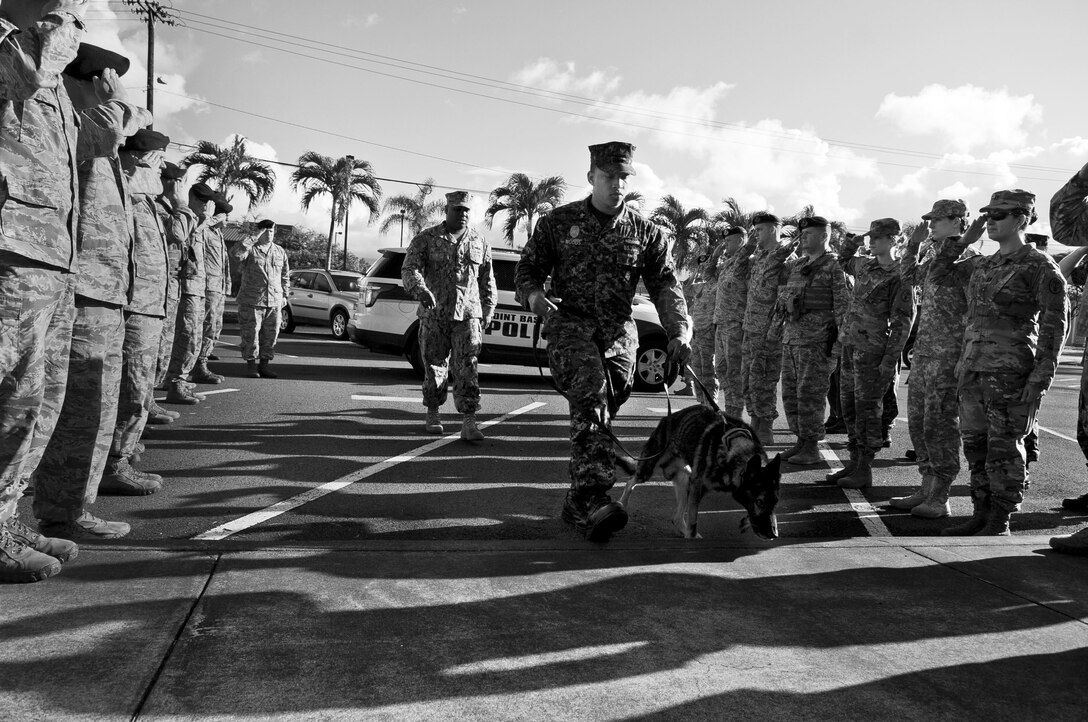 U.S. Navy Petty Officer 3rd Class Cortland Woods, Joint Base Security, JB2 dog handler, and his military working dog Riki, walk through a cordon of security forces members to the veterinary treatment facility on Joint Base Pearl Harbor-Hickam, Hawaii, March 2, 2017.  After six-years of service, Riki was euthanized due to progressive incurable illness. (U.S. Air Force photo by Tech. Sgt. Heather Redman)