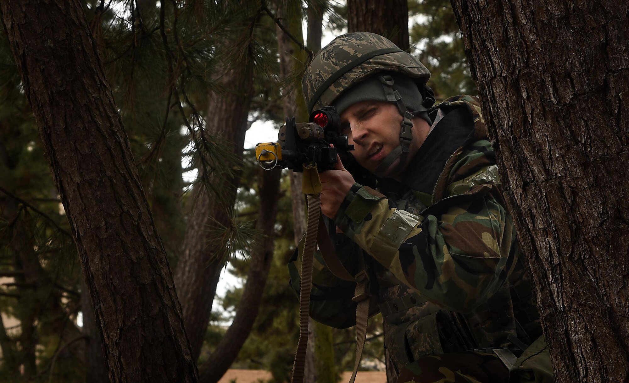 Master Sgt. Brian Stokes, 8th Security Forces Squadron team member, engages opposing forces during a training scenario at Kunsan Air Base, Republic of Korea, March 7, 2017. Stokes engaged the adversary as part of exercise Beverly Pack 17-2, a no-notice training exercise used to test members of the Wolf Pack’s ability to respond at a moment’s notice. (U.S. Air Force photo by Tech. Sgt. Jeff Andrejcik/Released)