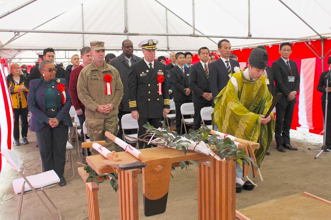 Officials with the U.S. Army Corps of Engineers-Japan District, Commander Fleet Activities Sasebo, and the Department of Defense Education Activity marked the official start of construction for the new Sasebo Elementary School, March 1, 2017 during a groundbreaking ceremony on the installation. 