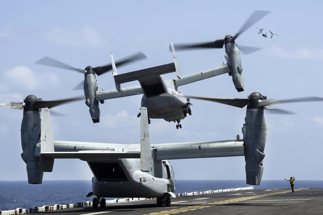 Three MV-22B Ospreys take off from the amphibious assault ship USS Makin Island at sea, March 3, 2017. The pilots are assigned to Marine Medium Tiltrotor Squadron 163. The ship is in the U.S. 5th Fleet area of operations to support maritime security operations to reassure allies and partners, and preserve the freedom of navigation and free flow of regional commerce in the region. Navy photo by Petty Officer 3rd Class Devin M. Langer