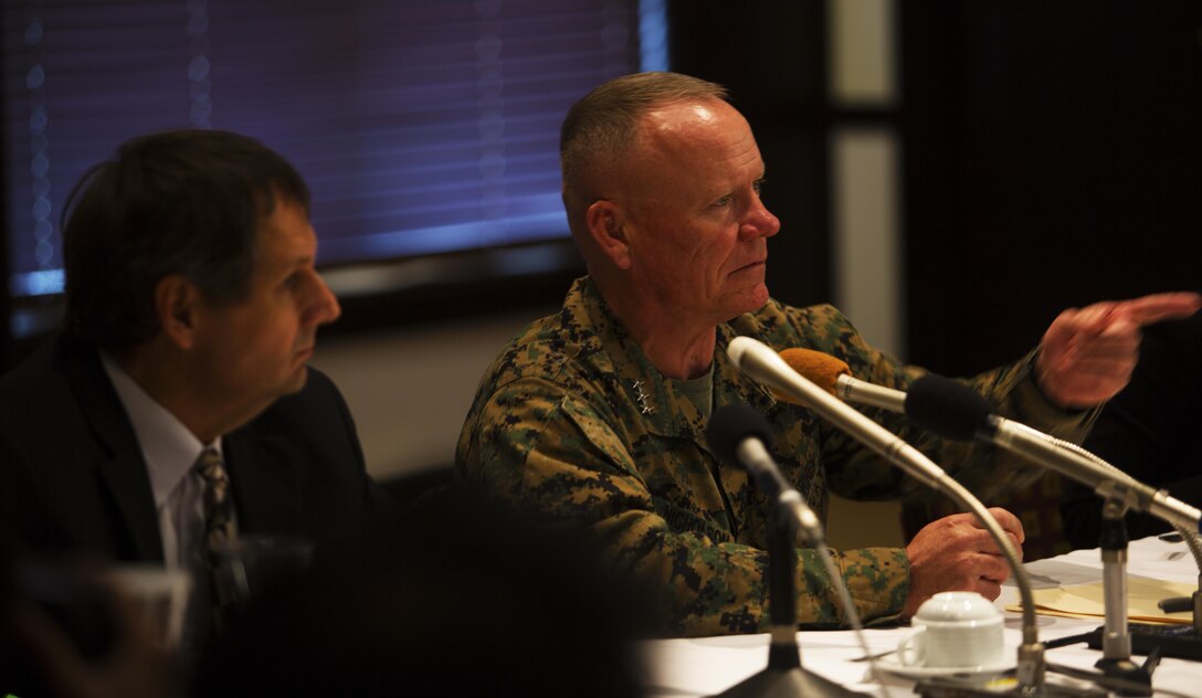 Lt. Gen. Lawrence D. Nicholson calls on an Okinawan media representative to ask a question during the media round table on March 8, 2017, at Camp Foster, Okinawa, Japan. Nicholson and U.S. Consul General Mr. Joel Ehrendreich, spoke with approximately 18 Okinawan and mainland Japan media representatives to answer questions concerning the purpose and reach of the new Okinawa Orientation Overview brief given to newcomers, the actions taken to advance the U.S. and Japanese alliance, and flight policies set in place for U.S. military aircraft operating in and around Okinawa. Nicholson, from Toronto, Canada is the commanding general for III Marine Expeditionary Force. Ehrendreich is the consul general at the U.S. Consulate, Naha. (U.S. Marine Corps photo by Lance Cpl. Joshua Pinkney)