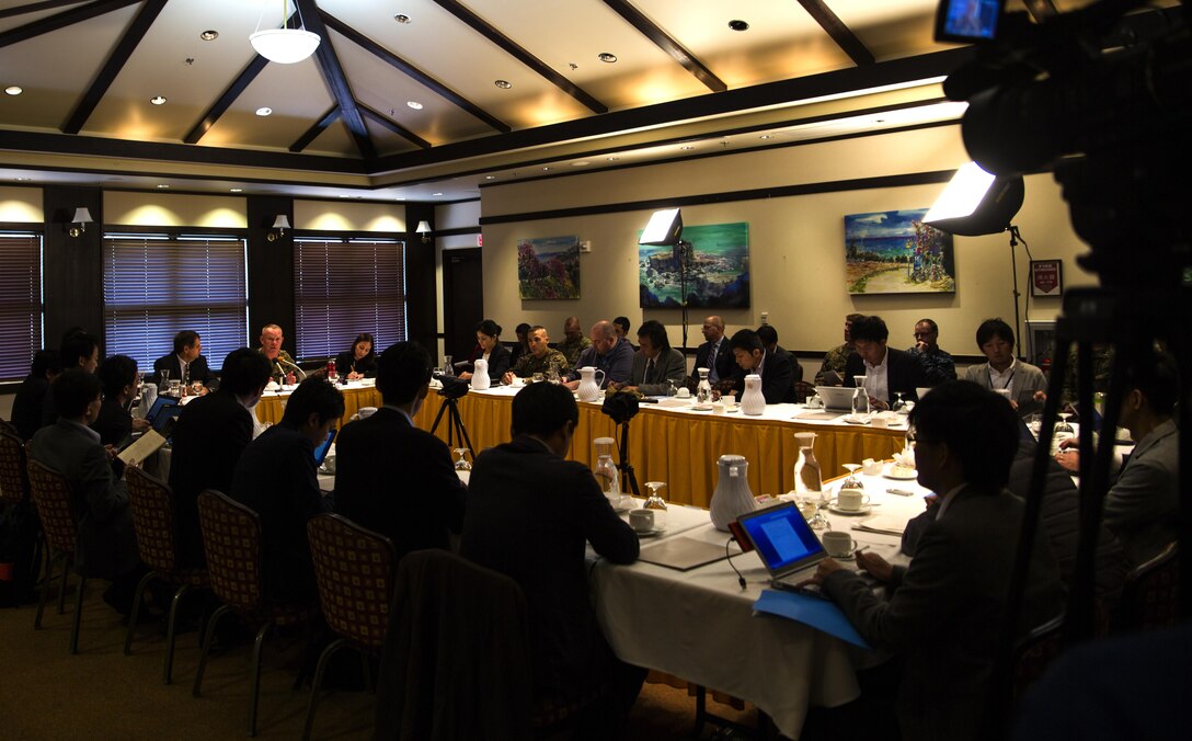 Lt. Gen. Lawrence D. Nicholson and U.S. Consul General Mr. Joel Ehrendreich, spoke with approximately 18 Okinawan and mainland Japan media representatives on March 8, 2017, at Camp Foster, Okinawa, Japan. The media round table was held to answer questions concerning the purpose and reach of the new Okinawa Orientation Overview brief given to newcomers, the actions taken to advance the U.S. and Japanese alliance, and flight policies set in place for U.S. military aircraft operating in and around Okinawa. Nicholson, from Toronto, Canada is the commanding general for III Marine Expeditionary Force. Ehrendreich is the consul general at the U.S. Consulate, Naha. (U.S. Marine Corps photo by Lance Cpl. Joshua Pinkney) 
