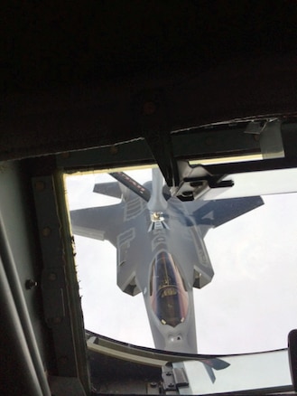 A Utah Air National Guard KC-135R Stratotanker refuels one of two F-35 Lightning II aircraft from Hill Air Force Base (HAFB) Wednesday over the Utah Test and Training Range. The sortie also included refueling eight HAFB F-16 Fighting Falcons. (U.S. Air National Guard photo by Maj. Jennifer Eaton)
