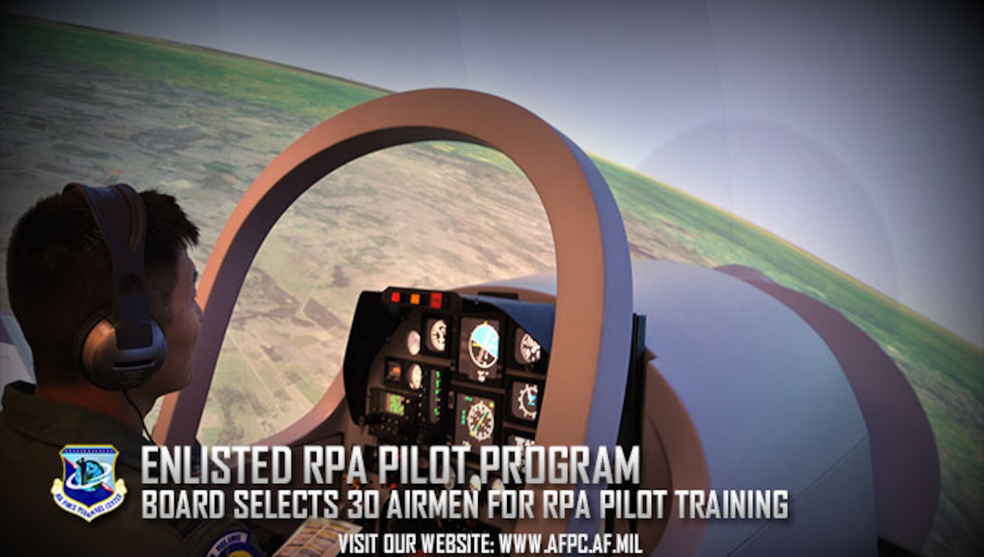 A student pilot enrolled in Undergraduate Remotely Piloted Aircraft Training at the 558th Flying Training Squadron, Joint Base San Antonio-Randolph, Texas, takes off in a new T-6 Texan II simulator. The inaugural enlisted remotely piloted aircraft pilot selection board has selected 30 enlisted Airmen for RPA pilot training, joining the 12 Airmen in the Enlisted Pilot Initial Class. (U.S. Air Force photo by Staff Sgt. Clinton Atkins)