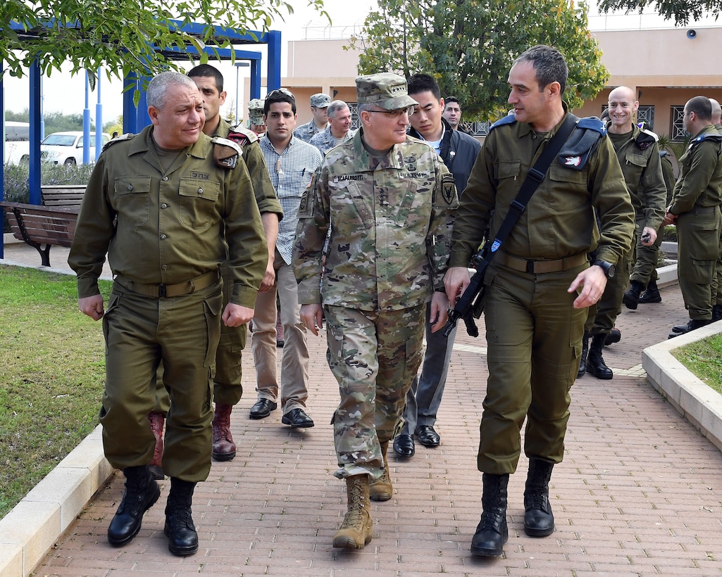 Army Gen. Curtis M. Scaparrotti, commander of U.S. European Command, center, tours the Arrow Missile Defense System headquarters in Palmahim, Israel, accompanied by Israeli Defense Force Chief of Staff Lt. Gen. Gadi Eizenkot, left, and Air Defense Commander Brig. Gen. Zvika Haimovich, March 7, 2017. State Department photo by Matty Stern