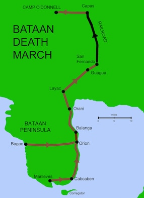 Japanese soldiers marched American and Filipino POWs from Marilieves and Bagac, Philippines, to San Fernando, Phillippines, following their surrender April 9, 1942. The 65-mile trek became known as the Bataan Death March after 10,000 POWs died during the journey. To commemorate the event, 10 Team Schriever members are set to take part in the 28th annual Bataan Memorial Death March at White Sands Missile Range, New Mexico, March 19. The memorial march is 26.2 miles. Participants may march individually or as a team, and with or without a heavy backpack. (Courtesy graphic)