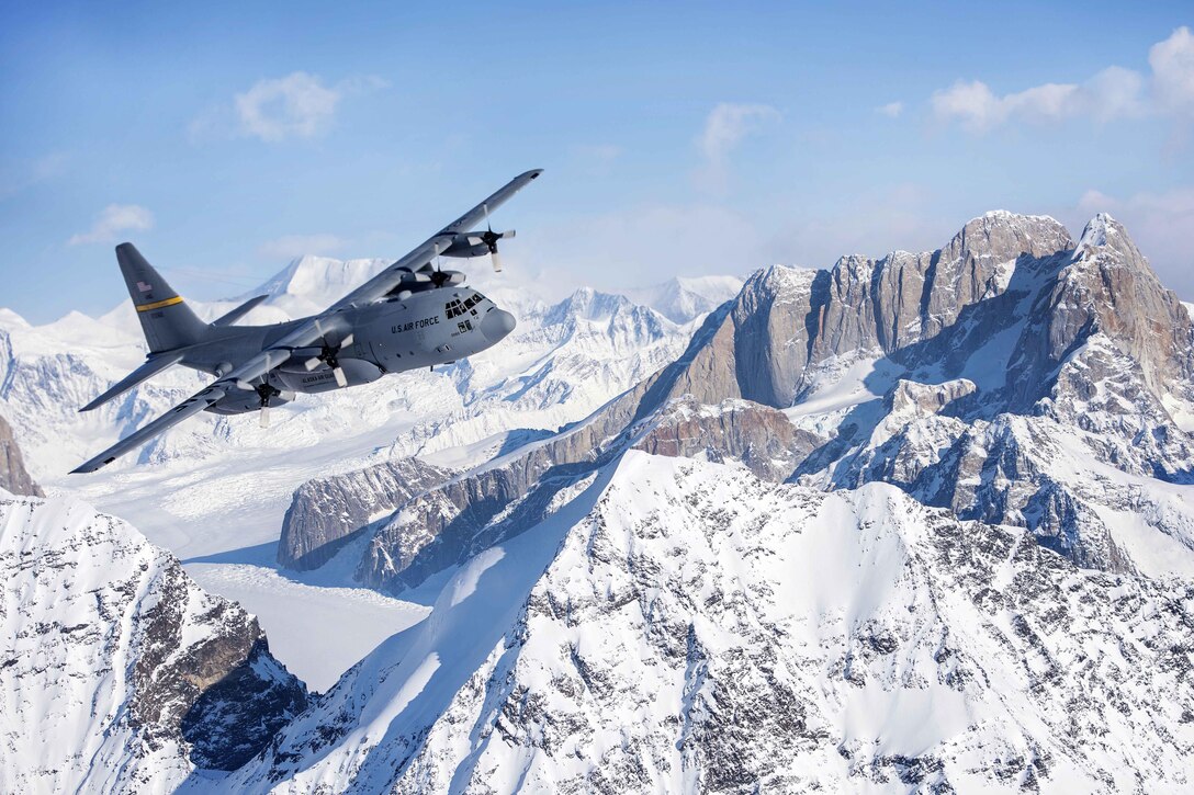 An Alaska Air National Guard crew flies a C-130 Hercules aircraft over Denali National Park, Alaska, March 4, 2017. Air National Guard photo by Staff Sgt. Edward Eagerton 