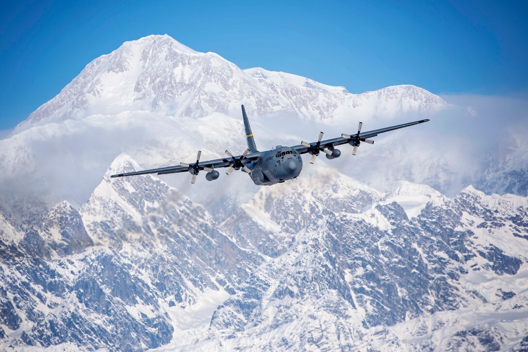 An Alaska Air National Guard crew flies a C-130 Hercules aircraft near Denali, the highest point in North America, March 4, 2017. Air National Guard photo by Staff Sgt. Edward Eagerton 