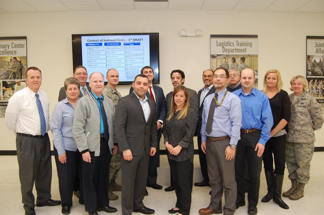 Defense Contract Management Agency employees in the Indirect Cost Control working group met for three days in February at Fort Lee, Virginia, to establish baseline goals and start working on a strategic gap analysis. The group shown includes (front row, from left) Nathan Scoggin, Seay Anne Sheley, Ken Wells, Jose Ortiz, Jamie Sahagun, Luke Baey, Tim Wolma, Katie Myers and Air Force Col. Sheri Bennington. Back row: Tony Labath, Air Force Lt. Col. Ryan Colburn, Christopher Tom, Brian Cassar, Sidney Antommarchi and George Bartolini. 
Thirteen working groups with different focus areas have been implemented and kicked off under DCMA’s Business Capabilities Framework initiative. One of the major milestones each group is tasked with is to separate policy from procedure. (DCMA photo by Tonya Johnson)
