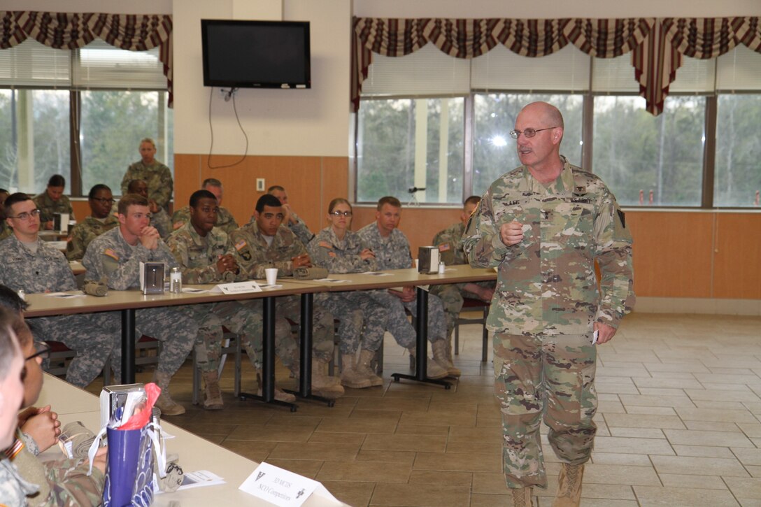 Commanding General of the 3rd Medical Command Deployment Support, Major General William Shane Lee, addresses the Best Warriors during the closing ceremony of the competition at Fort Benning, Georgia.