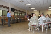 Lieutenant Colonel (R) Kevin Butler, a strategic planner at the Maneuver Center of Excellence and a former Infantry Officer who served in Iraq and Afghanistan in support of OIF and OEF delivers keynote remarks at the closing ceremony for the 2017 3rd Medical Command and Army Reserve Medical Command Best Warrior Competition in Fort Benning, Georgia.