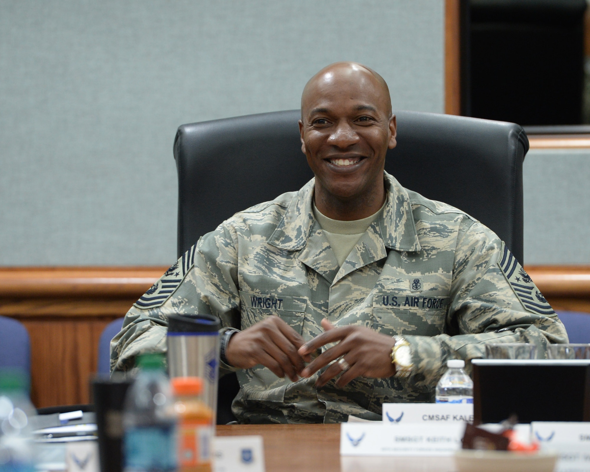 Chief Master Sgt. of the Air Force Kaleth O. Wright takes questions from senior master sergeants who have been selected for promotion to chief master sergeant at Peterson Air Force Base, Colo., on Feb. 23, 2017.  Wright shared leadership advice and discussed current issues as part of the Air Force Space Command Chief Master Sergeants and Spouses Orientation. (U.S. Air Force photo by Dave Grim)