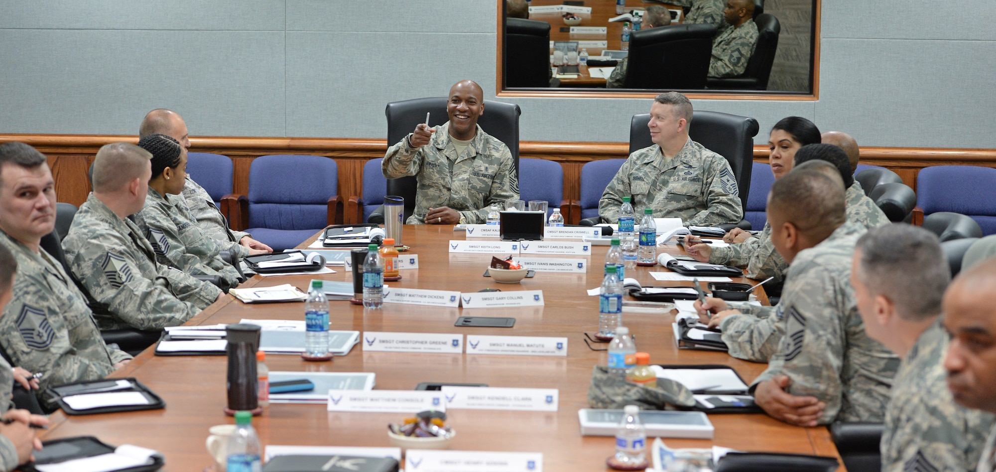 Chief Master Sgt. of the Air Force Kaleth O. Wright, along with Chief Master Sgt. Brendan I. Criswell, Air Force Space Command command chief, takes questions from senior master sergeants who have been selected for promotion to chief master sergeant at Peterson Air Force Base, Colo., on Feb. 23, 2017.  Wright shared leadership advice and discussed current issues as part of the Air Force Space Command Chief Master Sergeants and Spouses Orientation. (U.S. Air Force photo by Dave Grim)