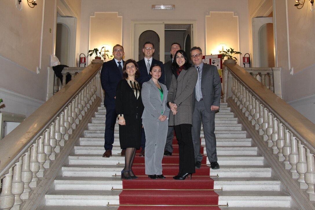 Air Force Office of Special Investigations Special Agents (front row left to right) Simonetta Renelli, Kaprice Montecalvo and Katia Barzan and (back row left to right) Chris Buckley, Adam Kurzen, Seth Hunter and Andy Hinson pause during the terrorism threat seminar AFOSI Detachments 535 and 531 hosted Feb. 23 in Trieste, Italy. (U.S. Air Force photo/AFOSI Det. 535)   