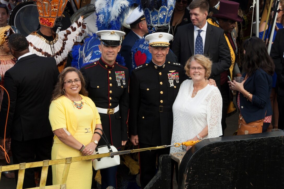 NEW ORLEANS – Lt. Gen. Rex C. McMillian (right), commander of Marine Forces Reserve and Marine Forces North, and Sgt. Maj. Patrick L.  Kimble (left), sergeant major of Marine Forces Reserve and Marine Forces North, pose for a photo with their wives aboard a Coast Guard Cutter during Lundi Gras in New Orleans, Feb. 27, 2017. McMillian and Kimble attended the Lundi Gras Festival to promote the Marine Corps and support the New Orleans community. (U.S. Marine Corps photo by Pfc. Niles Lee)
 
