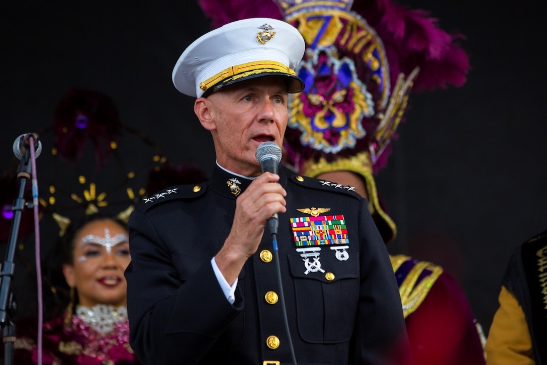 NEW ORLEANS – Lt. Gen. Rex C. McMillian, commander of Marine Forces Reserve and Marine Forces North, speaks to the crowd at the Lundi Gras Festival in New Orleans, Feb. 27, 2017. McMillian, along with key leaders from MARFORRES, took part in the celebration to promote the Marine Corps and support the New Orleans community during the Mardi Gras season. (U.S. Marine Corps photo by Lance Cpl. Imari Dubose)

