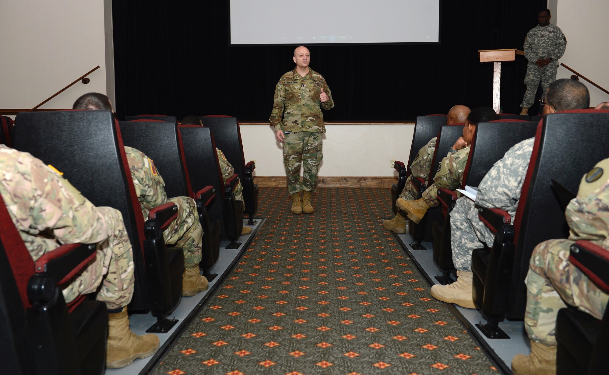 U.S. Army Maj. Gen. Anthony Funkhouser, Center for Initial Military Training commander, gives the opening remarks at the Army Emergency Relief campaign kick-off event at Joint Base Langley-Eustis, Va., March 2, 2017. AER offers grants, survivor assistance and scholarships to active duty U.S. Army Soldiers, retirees and their family members. (U.S. Air Force photo by Airman 1st Class Kaylee Dubois)