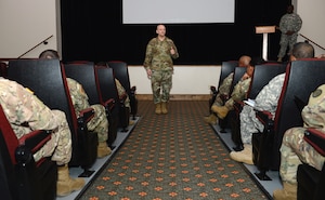U.S. Army Maj. Gen. Anthony Funkhouser, Center for Initial Military Training commander, gives the opening remarks at the Army Emergency Relief campaign kick-off event at Joint Base Langley-Eustis, Va., March 2, 2017. AER offers grants, survivor assistance and scholarships to active duty U.S. Army Soldiers, retirees and their family members. (U.S. Air Force photo by Airman 1st Class Kaylee Dubois)