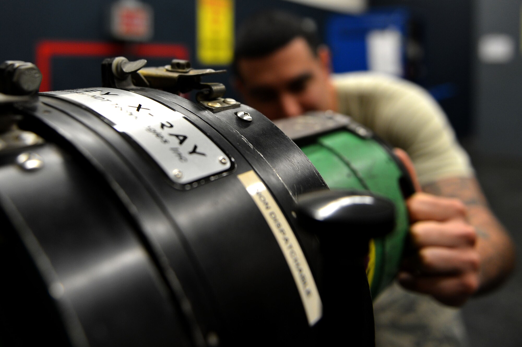 U.S. Air Force Staff Sgt. Anthony Arguello, 20th Equipment Maintenance Squadron non-destructive inspection (NDI) craftsman, performs a pre-launch inspection on an LPX160 x-ray unit at Shaw Air Force Base, S.C., March 8, 2017. The NDI flight is tasked with performing inspections on various pieces of equipment and tools around base. The checks detect possible corrosion and wear and tear received from repeated uses, ensuring the durability of items and safety of aircraft. (U.S. Air Force photo by Airman 1st Class Christopher Maldonado)
