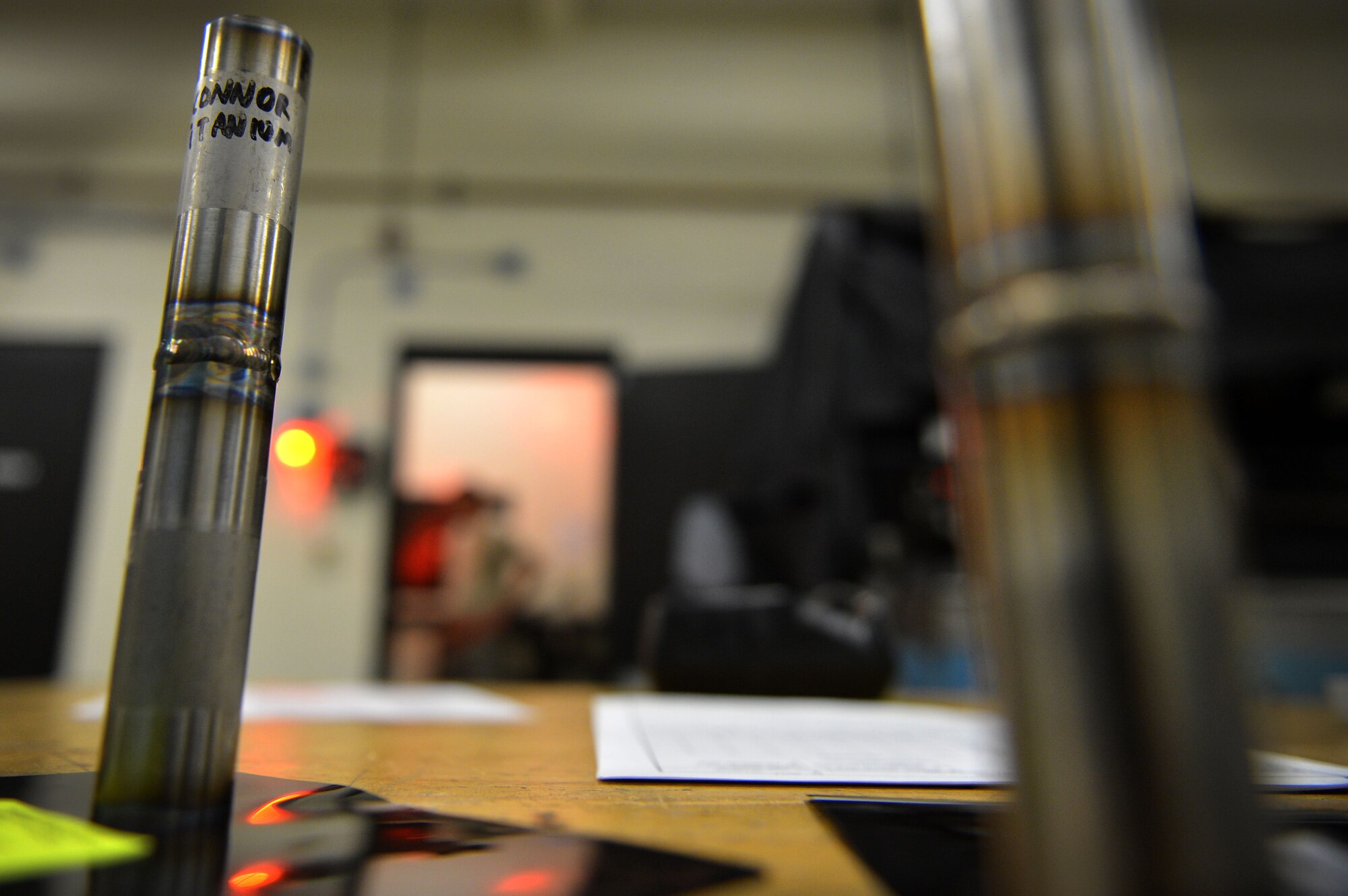 Torque shafts sit on a table at the 20th Equipment Maintenance Squadron non-destructive inspection (NDI) facility at Shaw Air Force Base, S.C., March 8, 2017. Airmen assigned to the NDI flight x-rayed torque shafts to check for corrosion and damage. (U.S. Air Force photo by Airman 1st Class Christopher Maldonado)