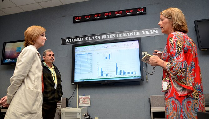 Dana Stanley, Air Logisitics Complex Director of Staff, and Chris Welchel, ALC Readiness chief, listen to Virginia Dyer, ALC Personnel Security lead, as she discusses some of the charted process review within the "Walk the Wall" review on Feb. 28, 2017 at Robins Air Force Base, Ga. (U.S. Air Force photo by Tech. Sgt. Kelly Goonan/released)