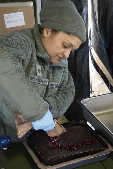Staff Sgt. Karina Urgilez-Santamaria, food services specialist, 512th Memorial Affairs Squadron, prepares food while competing for the 2017 John L. Hennessy Award at Dover Air Force Base, Del., March 3, 2017. The Hennessy Award recognizes excellence in foodservices across multiple military branches. (U.S. Air Force photo / Renee M. Jackson)