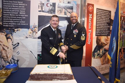 Vice Adm. Luke M. McCollum, left, chief of Navy Reserve, and Force Master Chief CJ Mitchell, force master chief of the Navy Reserve, prepare to cut the Navy Reserve birthday cake during the 102nd Navy Reserve birthday celebration at the U.S. Navy Memorial, Mar. 6, 2017. The Navy Reserve was officially established March 3, 1915 by combining 17 state naval militias into a single federal force. 