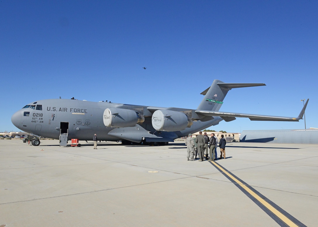 The 412th Test Wing’s Emerging Technologies Combined Test Force conducted a test with a quadcopter to see how well it can conduct a maintenance inspection of the exterior of a C-17 Globemaster III March 6. (U.S. Air Force photo by Kenji Thuloweit)