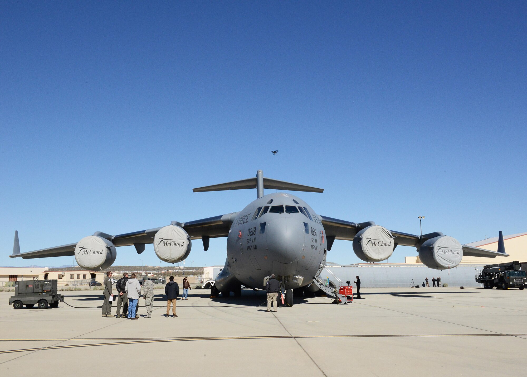 The 412th Test Wing’s Emerging Technologies Combined Test Force conducted a test with a quadcopter to see how well it can conduct a maintenance inspection of the exterior of a C-17 Globemaster III March 6. (U.S. Air Force photo by Kenji Thuloweit)