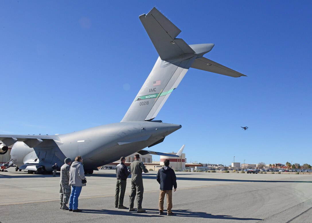 The 412th Test Wing’s Emerging Technologies Combined Test Force conducted a test with a quadcopter to see how well it can conduct a maintenance inspection of the exterior of a C-17 Globemaster III March 6. (U.S. Air Force photo by Kenji Thuloweit)