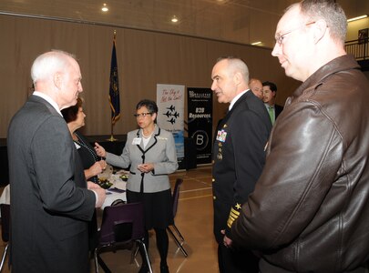 Rita Sanders (center left), Bellevue mayor, meets with Bellevue community leaders and U.S. Navy Vice Adm. Charles “Chas” Richard (center right), U.S. Strategic Command (USSTRATCOM) deputy commander, for the Greater Bellevue Area Chamber of Commerce Military Affairs Council 2017 USSTRATCOM annual update luncheon held at the Bellevue Public Schools Lied Activity Center, Bellevue, Neb., March 7, 2017.  The goal of the Bellevue Chamber’s Military Affairs Council is to foster a pro-business climate in the area through proactive governmental and military affairs initiatives; to maintain and enhance the business community’s relationship with Offutt Air Force Base and tenant units; and to protect and grow Offutt and other Department of Defense operations in the heartland region.  One of nine Department of Defense unified combatant commands, USSTRATCOM has global strategic missions assigned through the Unified Command Plan that include strategic deterrence; space operations; cyberspace operations; joint electronic warfare; global strike; missile defense; intelligence, surveillance and reconnaissance; and analysis and targeting. 