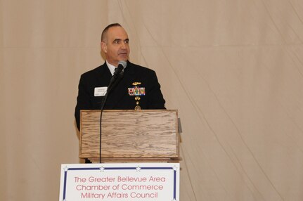 U.S. Navy Vice Adm. Charles A. “Chas” Richard, U.S. Strategic Command (USSTRATCOM) deputy commander, speaks at the Greater Bellevue Area Chamber of Commerce Military Affairs Council 2017 USSTRATCOM Annual Update Luncheon held at the Bellevue Public Schools Lied Activity Center, Bellevue, Neb., March 7, 2017.  The goal of the Bellevue Chamber’s Military Affairs Council is to foster a pro-business climate in the area through proactive governmental and military affairs initiatives; to maintain and enhance the business community’s relationship with Offutt Air Force Base and tenant units; and to protect and grow Offutt and other Department of Defense operations in the heartland region.  One of nine Department of Defense unified combatant commands, USSTRATCOM has global strategic missions assigned through the Unified Command Plan that include strategic deterrence; space operations; cyberspace operations; joint electronic warfare; global strike; missile defense; intelligence, surveillance and reconnaissance; and analysis and targeting. 
