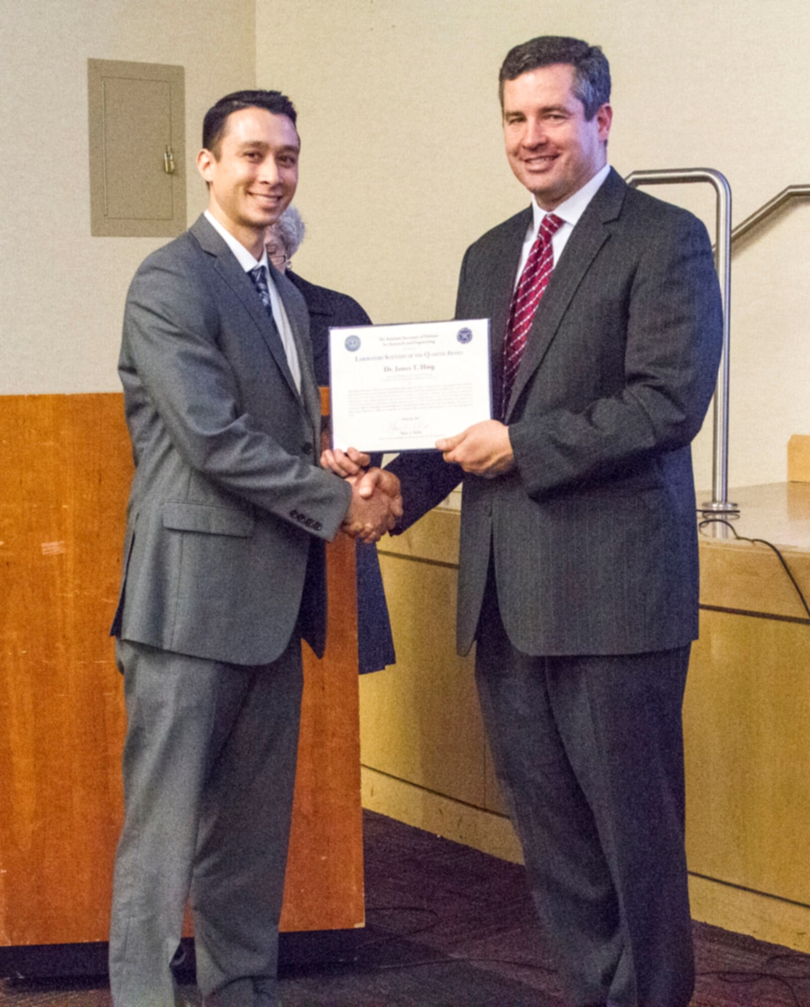 Dr. James Hing, robotics science and technology engineer with the Naval Air Warfare Center Aircraft Division Lakehurst, was awarded Laboratory Scientist of the Quarter by Daniel A. Ormond, principal director, research, Office of the Assistant Secretary of Defense (Research and Engineering), during a ceremony at the Pentagon Feb. 22. 