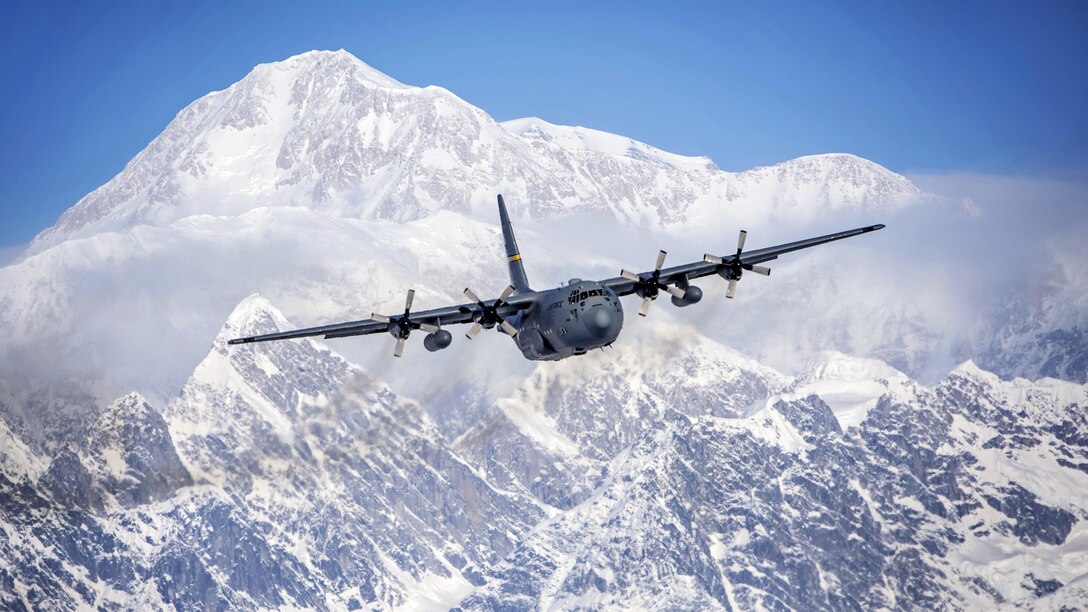 An Alaska Air National Guard crew flies a C-130 Hercules aircraft near Denali, the highest point in North America, March 4, 2017. Air National Guard photo by Staff Sgt. Edward Eagerton