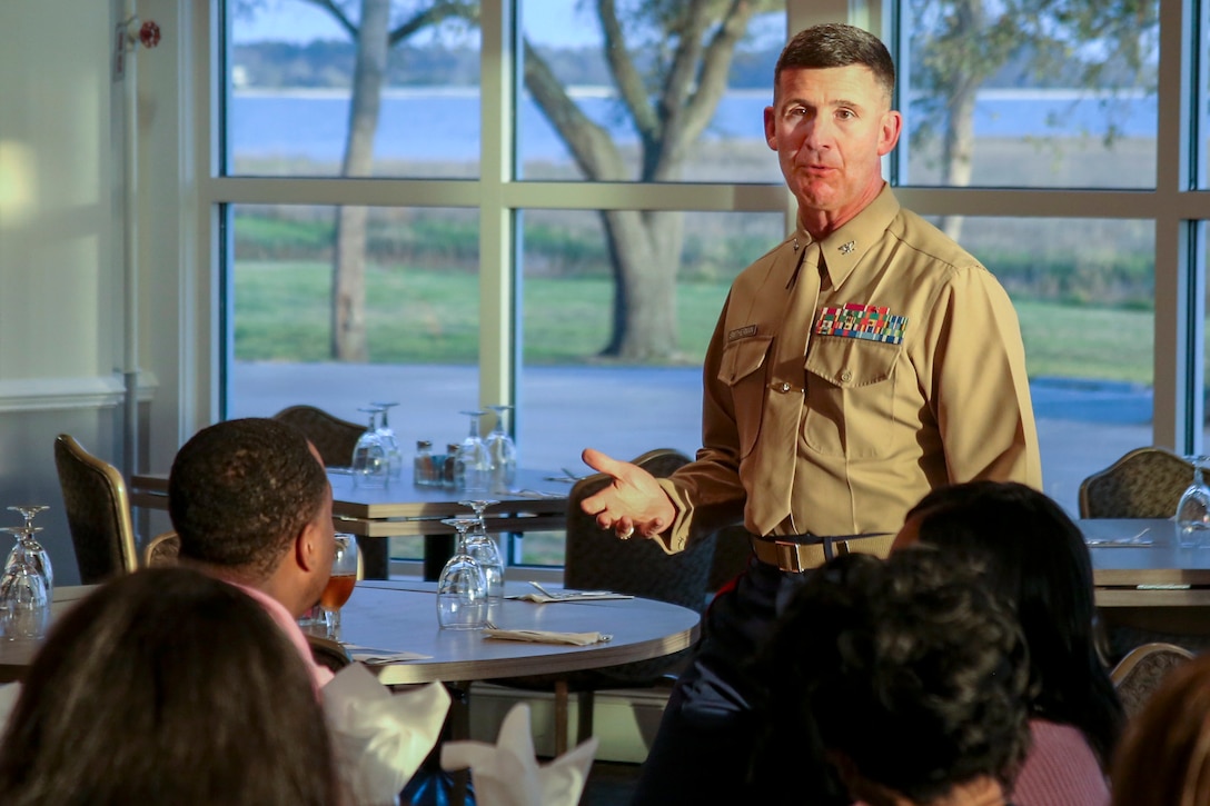 Colonel Jeffrey C. Smitherman, commanding officer of 6th Marine Corps District, welcomes the attendees of Recruiting Station Atlanta/Columbia Educators Workshop aboard Marine Corps Recruit Depot Parris Island, South Carolina, Mar. 7, 2017. The Educators come from both Recruiting Station Atlanta and Columbia to experience the Educators Workshop. The Educators Workshop provides an opportunity to educators to have an inside look at Marine Corps training to better inform the students in their local area. (U.S. Marine Corps photo by Lance Cpl. Jack A. E. Rigsby/Released)