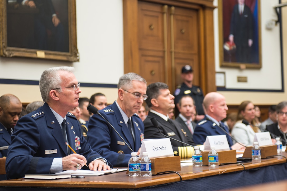 Air Force Gen. Paul J. Selva, vice chairman of the Joint Chiefs of Staff, testifies alongside Air Force Gen. John E. Hyten, commander of U.S. Strategic Command; Navy Adm. Bill Moran, vice chief of naval operations; and Air Force vice chief of staff Gen. Stephen Wilson during a House Armed Services Committee hearing on nuclear deterrence in Washington, March 7, 2017. DoD Photo by  Army Sgt. James K. McCann