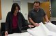 Michele Cardenas, the 60th Civil Engineer Squadron operations flight deputy, and Mike West, the 60th CES facility systems superintendent, review a print of the David Grant U.S. Air Force Medical Center at Travis Air Force Base, Calif., March 2, 2017. Cardenas started working in the 60th CES during a 1985 initiative to hire women into craftsmen positions. (U.S. Air Force photo/ Senior Airman Sam Salopek)