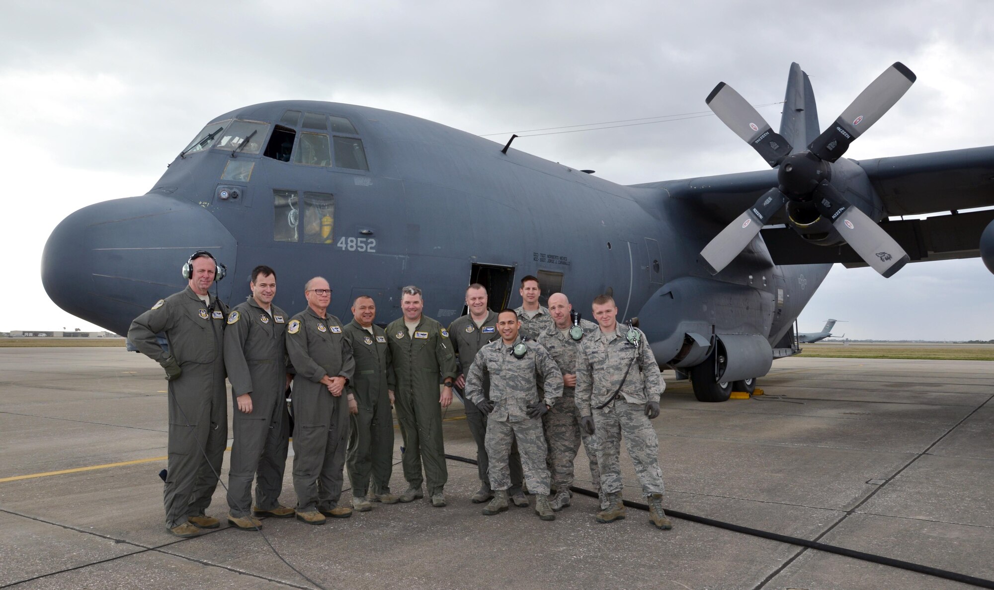 Crew members from the 39th Rescue Squadron and 920th Aircraft Maintenance Squadron pose in front of King 52, the first HC-130 configured for Air Force rescue in 1964, before taking it on its final flight from Patrick Air Force Base, Florida, to Davis-Monthan Air Force Base, Arizona, where it will retire March 6, 2017. (U.S. Air Force photo/Tech. Sgt. Lindsey Maurice)