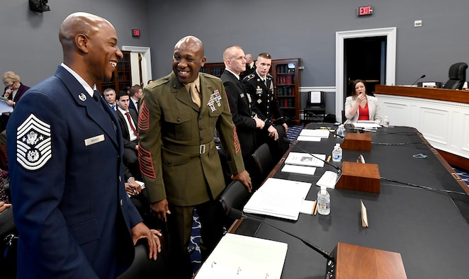 Chief Master Sgt. of the Air Force Kaleth O. Wright prepares to testify before the House Appropriations Subcommittee on Military Construction and Veterans Affairs in Washington, D.C., March 8, 2017.  The CMSAF was joined by his service counterparts for the hearing. (U.S. Air Force photo/Scott M. Ash)