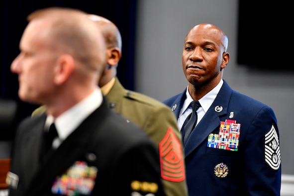 Chief Master Sgt. of the Air Force Kaleth Wright prepares to testify before the House Appropriations Subcommittee on Military Construction and Veterans Affairs in Washington, D.C., March 8, 2017.  The CMSAF was joined by his service counterparts for the hearing.