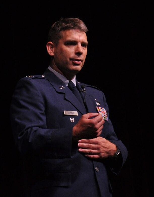 Commander of the 908th Airlift Wing, Col. Kenneth Ostrat addresses the audience following his Assumption of Command ceremony March 5 at Maxwell Air Force Base. Ostrat was previously at the wing as the 357th Airlift Squadron’s director of operations from July 2008 until December 2012. (U.S. Air Force photo by Staff Sgt. Malia Belton