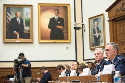 U.S. Air Force Gen. John E. Hyten, commander of U.S. Strategic Command (right), testifies during a House Armed Services Committee hearing on Capitol Hill, March 8, 2017. Gen. Hyten testified alongside U.S. Air Force Gen. Paul J. Selva, Vice Chairman of the Joint Chiefs of Staff; U.S. Navy Adm. Bill Moran, Vice Chief of Naval Operations; and U.S. Air Force Vice Chief of Staff Gen. Stephen Wilson. They spoke about the continuing relevance of U.S. nuclear forces for our national security and the steps the Joint Force is taking to modernize and replace them. He also stated that U.S. weapons, delivery systems, the infrastructure that supports them, and the personnel who operate, monitor, and maintain them are prepared today to respond to any contingency.