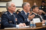 U.S. Air Force Gen. John E. Hyten (center), commander of U.S. Strategic Command (USSTRATCOM); U.S. Air Force Gen. Paul J. Selva (left), vice chairman of the Joint Chiefs of Staff and Adm. Bill Moran (right), vice chief of naval operations, testify before the House Armed Services Committee to provide the military assessment of nuclear weapons requirements at the Rayburn House Office Building, Washington, D.C., March 8, 2017.
The testimony can be viewed online at https://armedservices.house.gov/legislation/hearings/military-assessment-nuclear-deterrence-requirements.  One of nine Department of Defense unified combatant commands, USSTRATCOM has global strategic missions assigned through the Unified Command Plan that include strategic deterrence; space operations; cyberspace operations; joint electronic warfare; global strike; missile defense; intelligence, surveillance and reconnaissance; and analysis and targeting. 