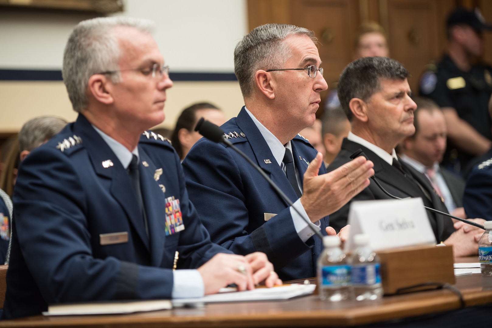 U.S. Air Force Gen. John E. Hyten (center), commander of U.S. Strategic Command (USSTRATCOM); U.S. Air Force Gen. Paul J. Selva (left), vice chairman of the Joint Chiefs of Staff and Adm. Bill Moran (right), vice chief of naval operations, testify before the House Armed Services Committee to provide the military assessment of nuclear weapons requirements at the Rayburn House Office Building, Washington, D.C., March 8, 2017.
The testimony can be viewed online at https://armedservices.house.gov/legislation/hearings/military-assessment-nuclear-deterrence-requirements.  One of nine Department of Defense unified combatant commands, USSTRATCOM has global strategic missions assigned through the Unified Command Plan that include strategic deterrence; space operations; cyberspace operations; joint electronic warfare; global strike; missile defense; intelligence, surveillance and reconnaissance; and analysis and targeting. 
